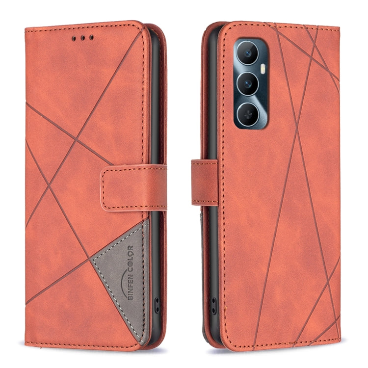 Orange leather phone case with magnetic buckle and geometric rhombus texture, folio-style