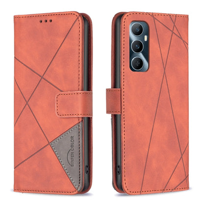 Orange leather phone case with magnetic buckle and geometric rhombus texture, folio-style