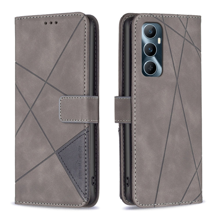 Grey leather phone case with magnetic buckle and geometric rhombus texture, folio-style