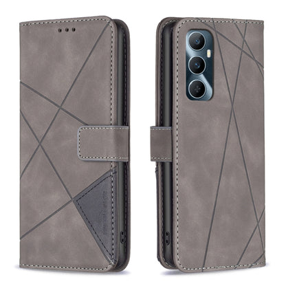 Grey leather phone case with magnetic buckle and geometric rhombus texture, folio-style