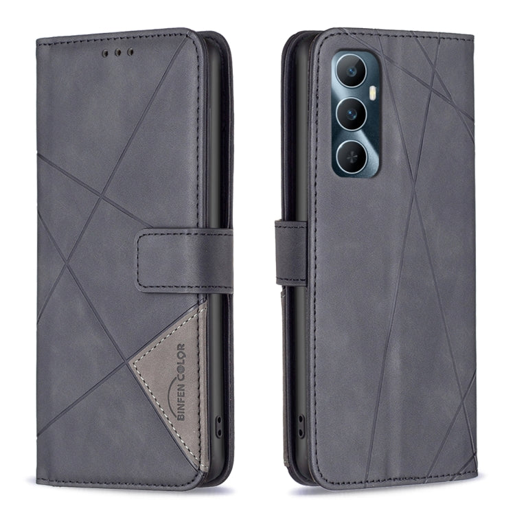 Dark grey-blue leather phone case with magnetic buckle and geometric rhombus texture, folio-style