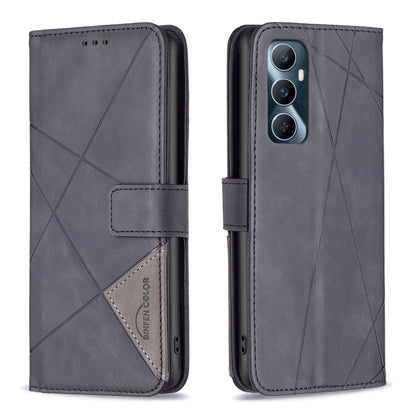 Dark grey-blue leather phone case with magnetic buckle and geometric rhombus texture, folio-style