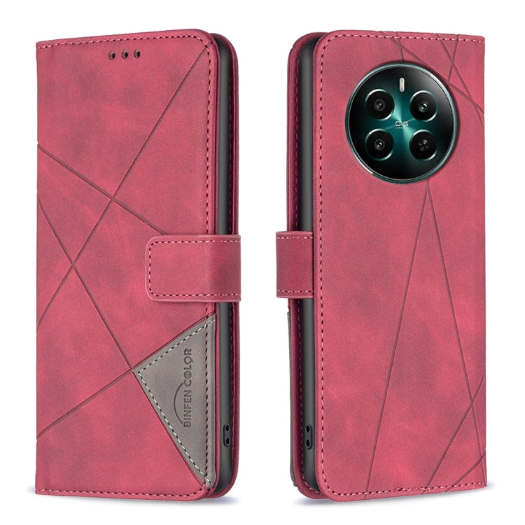 Magnetic buckle folio phone case in red with rhombus geometric texture and card slot