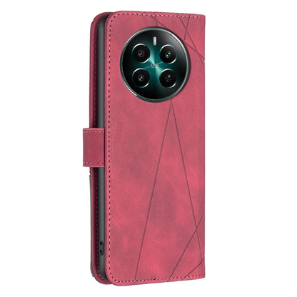 Red folio phone case with rhombus texture, magnetic side strap, and camera cutout