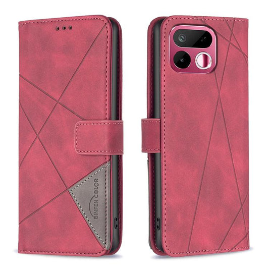 Magnetic leather phone case, red with rhombus texture and folio buckle, card holder
