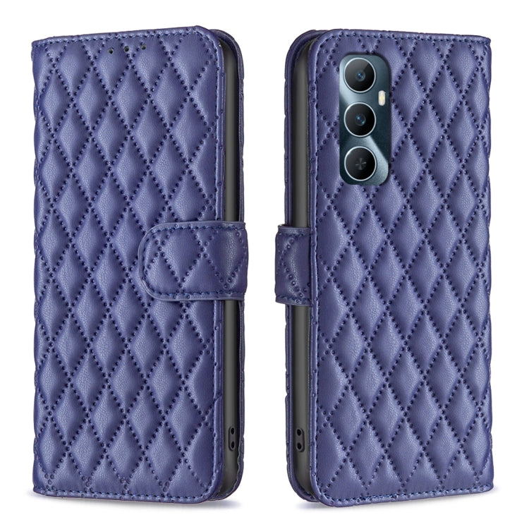 Blue diamond lattice leather wallet flip phone case with magnetic strap and camera cutout