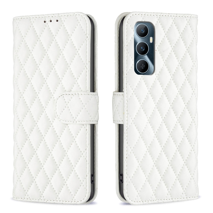White diamond lattice leather wallet flip phone case with magnetic strap and camera cutout
