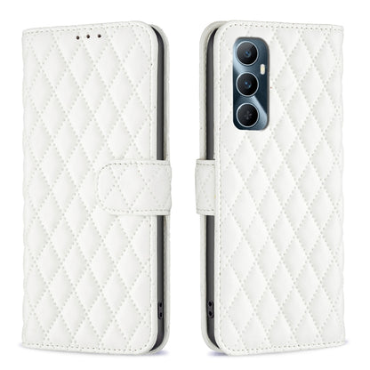 White diamond lattice leather wallet flip phone case with magnetic strap and camera cutout