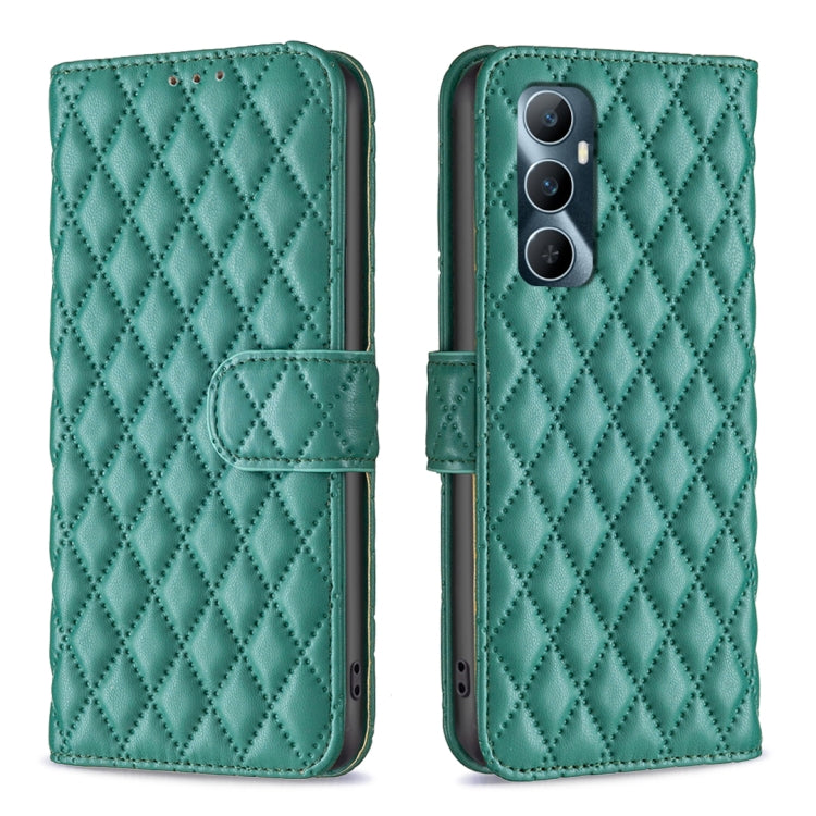 Teal green diamond lattice leather wallet flip phone case with magnetic strap and camera cutout