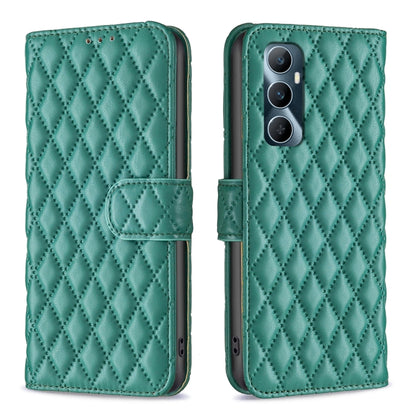Teal green diamond lattice leather wallet flip phone case with magnetic strap and camera cutout