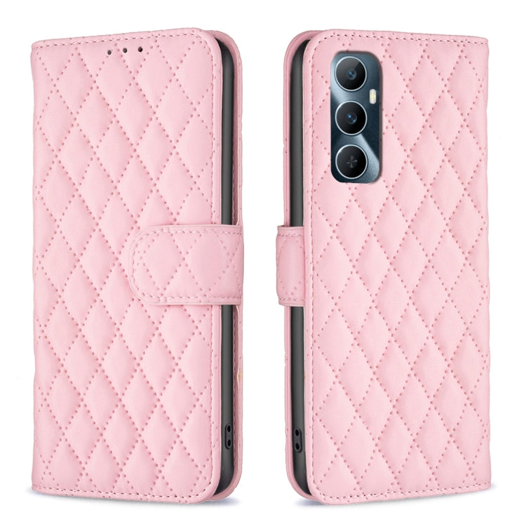 Pink diamond-lattice wallet flip leather phone case with strap and camera cutout