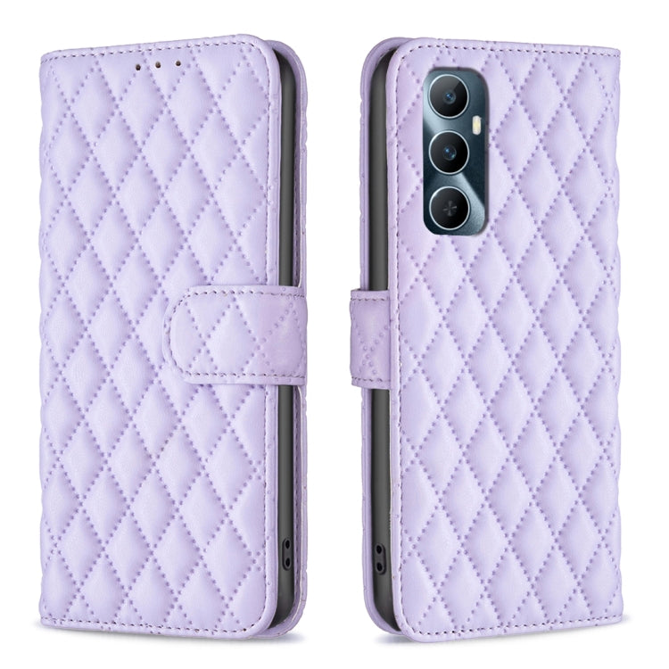 Lavender diamond-lattice wallet flip leather phone case with strap and camera cutout