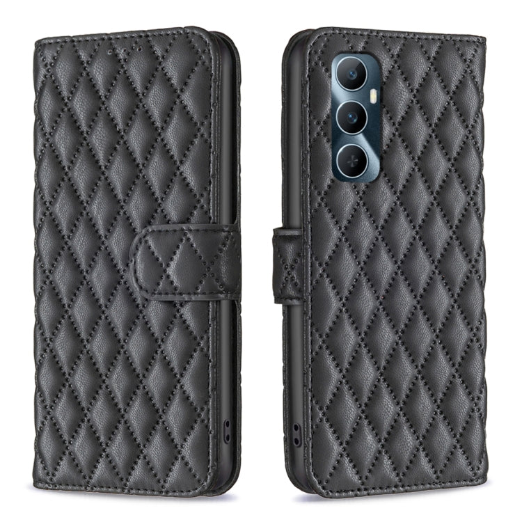 Black diamond-lattice wallet flip leather phone case with strap and camera cutout