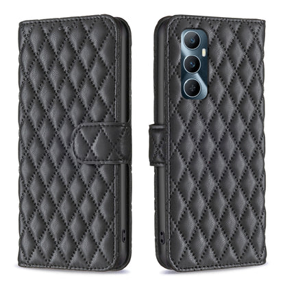 Black diamond-lattice wallet flip leather phone case with strap and camera cutout