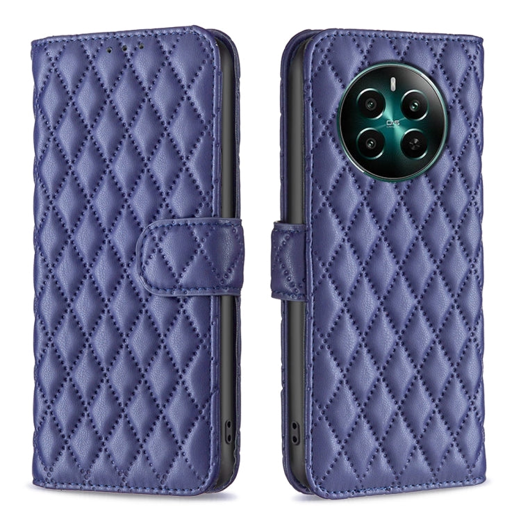 Blue diamond-lattice wallet flip phone case with side strap and card slot.