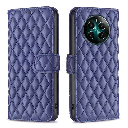 Blue diamond-lattice wallet flip phone case with side strap and card slot.