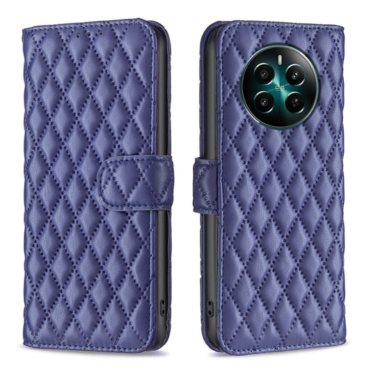 Blue diamond-lattice wallet flip phone case with side strap and card slot.