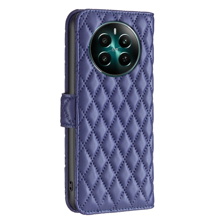 Blue diamond-lattice wallet flip phone case with camera cutout and side strap.
