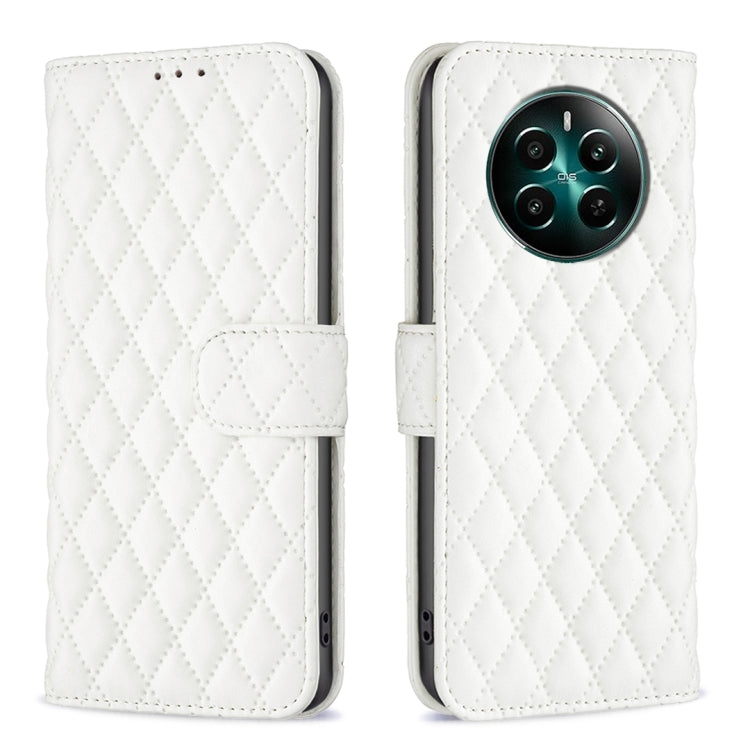 White diamond-lattice wallet flip phone case with side strap and card slot.