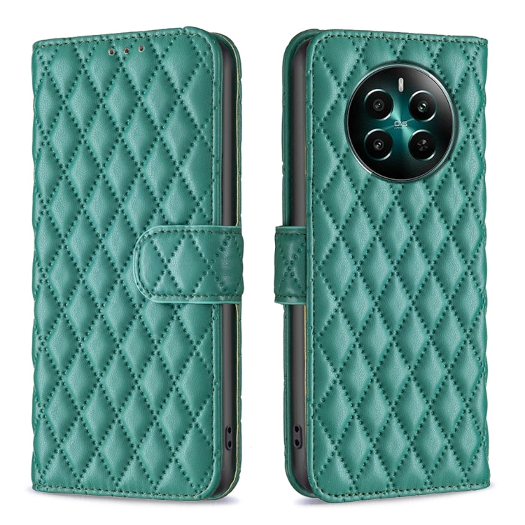 Green diamond-lattice wallet flip phone case with camera cutout and side strap.