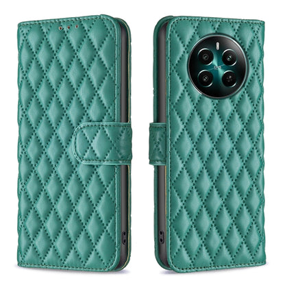 Green diamond-lattice wallet flip phone case with camera cutout and side strap.