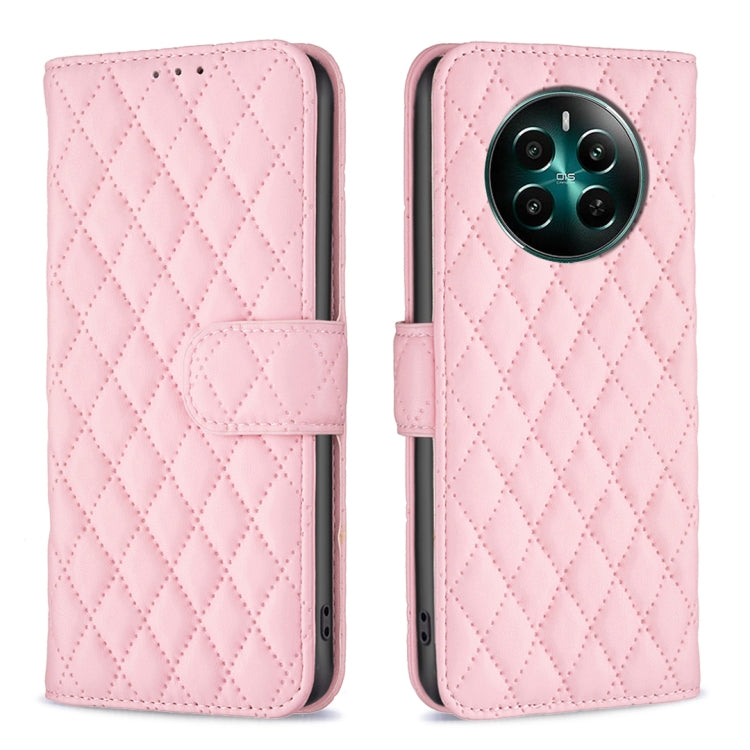 Pink diamond-lattice wallet flip phone case with side strap and card slot.