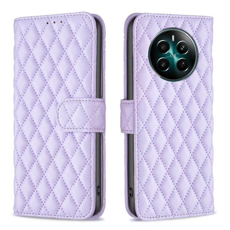 Lavender diamond-lattice wallet flip phone case with camera cutout and side strap.