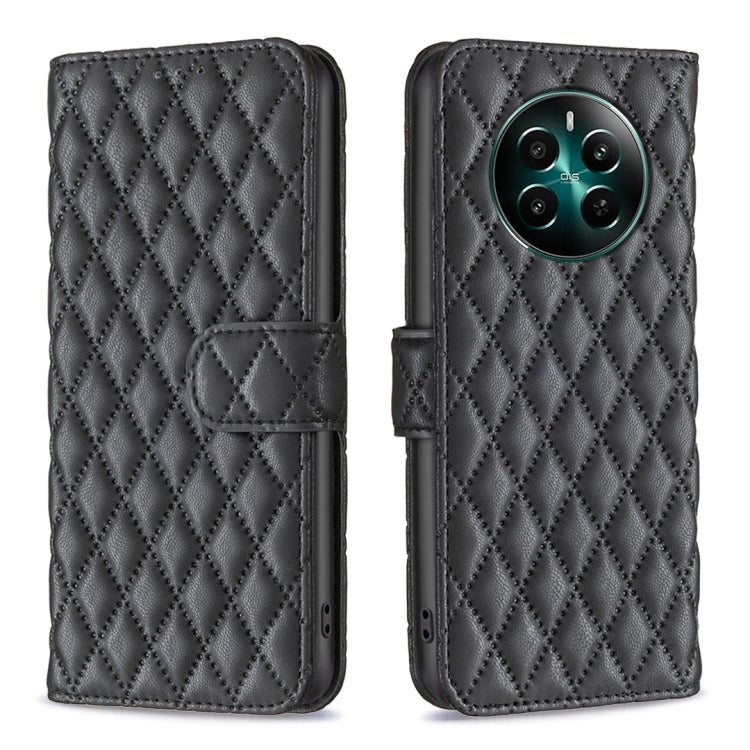 Diamond lattice leather phone wallet flip case in dark gray/black with card slot flap