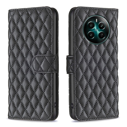 Diamond lattice leather phone wallet flip case in dark gray/black with card slot flap