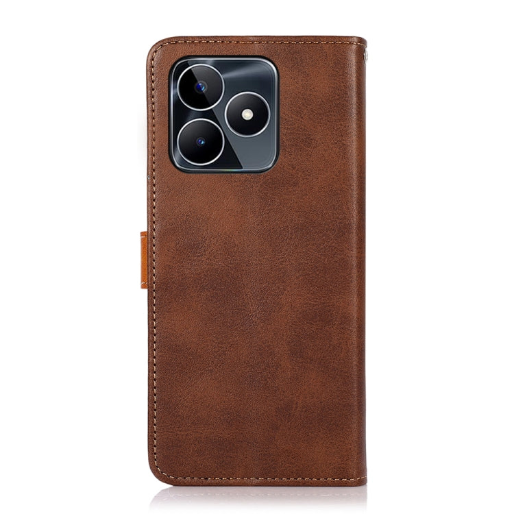 Brown cowhide-texture flip phone case with camera cutout and side seams.
