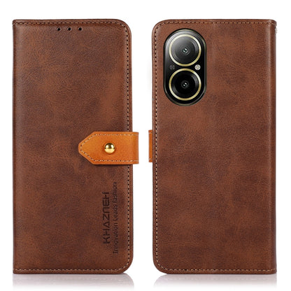 Brown dual-view flip phone case with tan magnetic strap and camera opening.