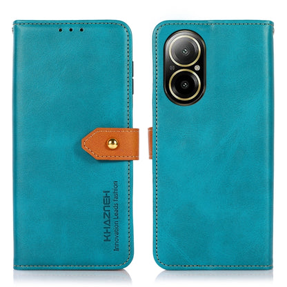 Dual-color cowhide texture flip leather phone case, blue with brown stand strap