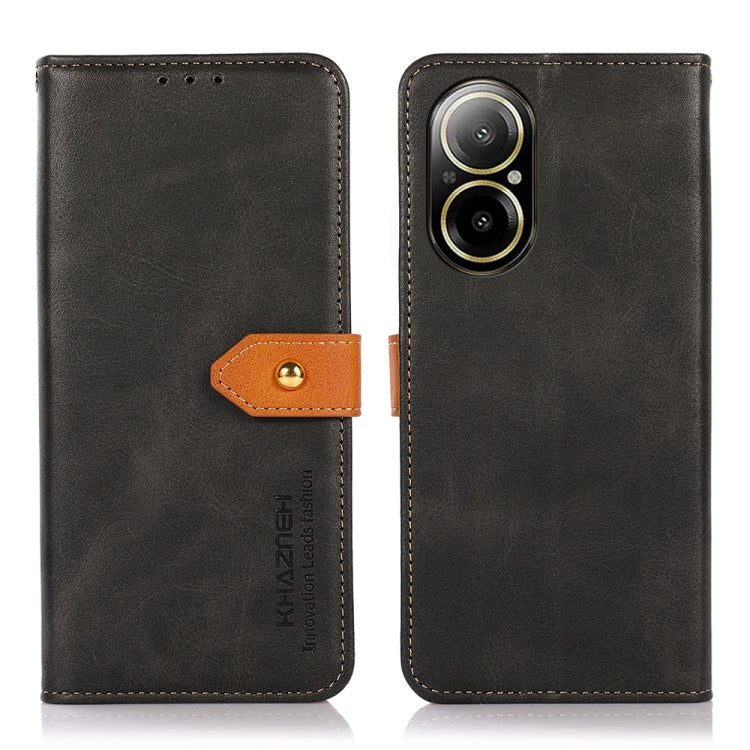 Cowhide texture flip leather phone case, black with brown button strap