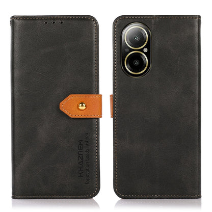 Cowhide texture flip leather phone case, black with brown button strap