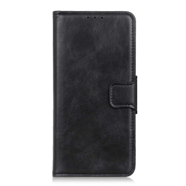 Black textured flip leather phone case with side closure and card holder panel
