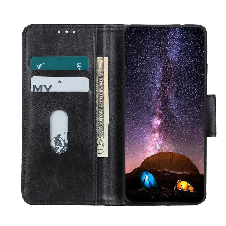 Black flip leather phone case open view with card slots and viewing stand