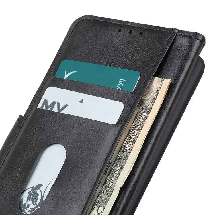 Black flip leather phone case close-up with card slot openings and cash strap