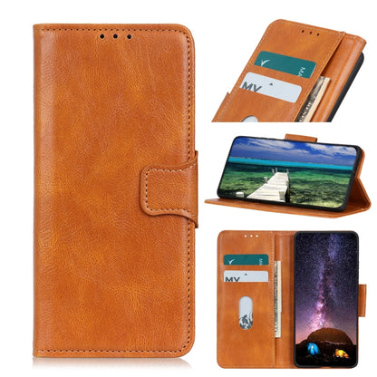 Brown flip leather phone case with card slots and fold-out stand