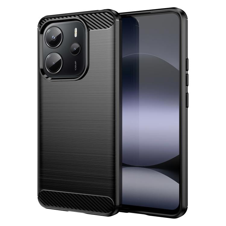 Black TPU phone case with carbon fiber brushed texture, camera lens cutout and raised bezel