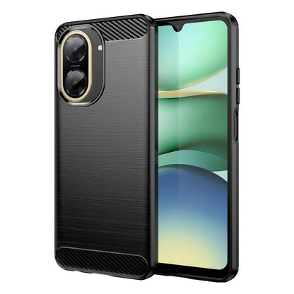 Black TPU phone case with carbon fiber brushed texture, textured top panel and side buttons