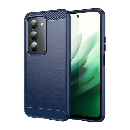 Blue brushed TPU phone case with carbon-fiber look top, camera cutout, raised lip
