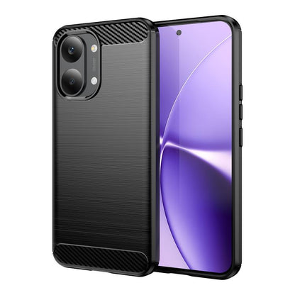 Black brushed carbon fiber TPU phone case with camera cutouts, textured back panel