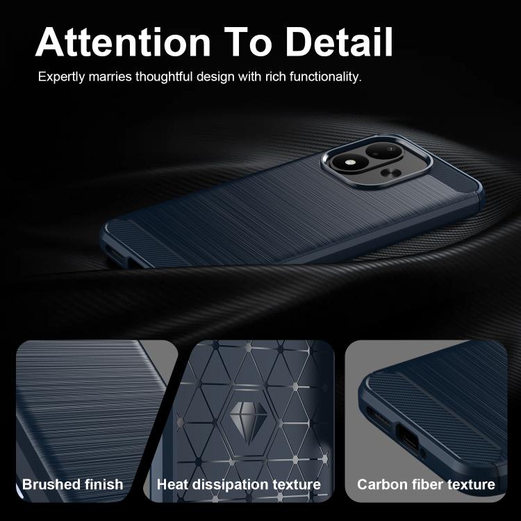 Blue TPU phone case with carbon-fiber brushed texture, showing camera opening and side ports.