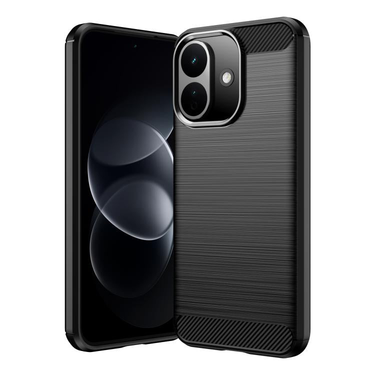 Brushed carbon fiber TPU phone case in black with rugged textured back and camera opening.