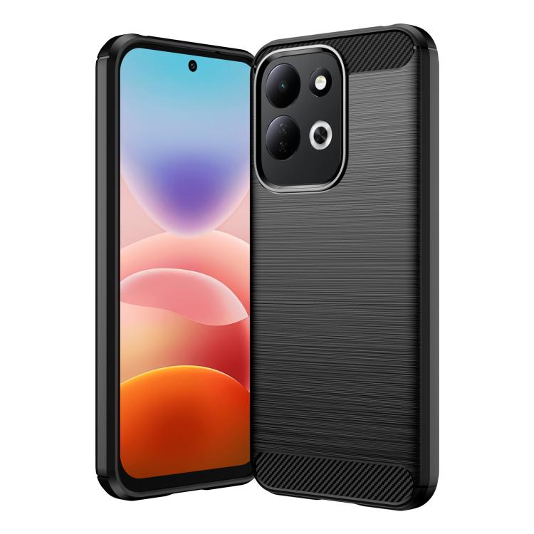 Black carbon-fiber brushed TPU phone case with camera cutout and raised edges