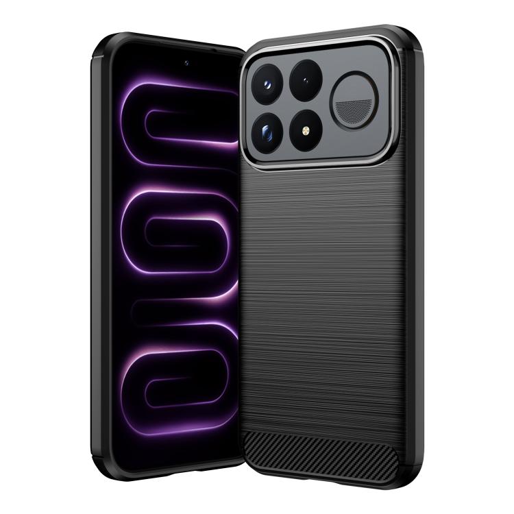 Brushed carbon fiber TPU phone case in black with large camera cutout and textured back.