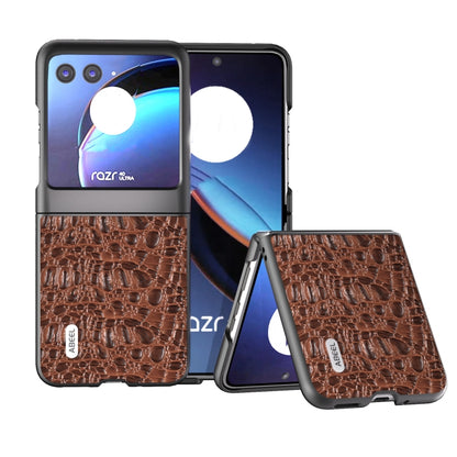 Brown crocodile-texture genuine leather phone case with protective side frame