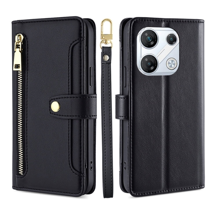 Black leather cross-body zipper wallet phone case with card slots and gold hardware.
