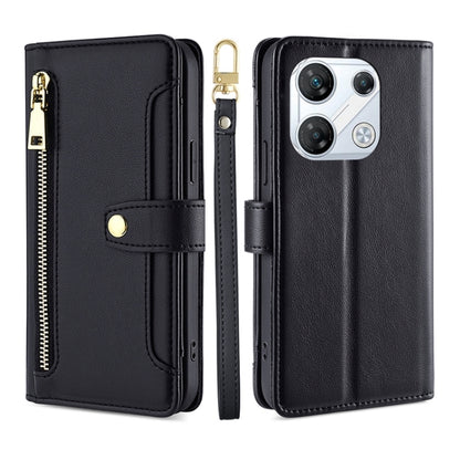 Black leather cross-body zipper wallet phone case with card slots and gold hardware.