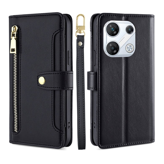 Black leather cross-body zipper wallet phone case with card slots and gold hardware.